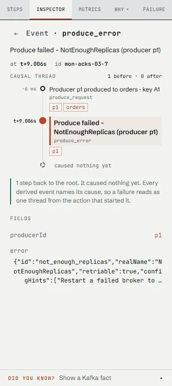 The Inspector showing the produce_error event and its cause