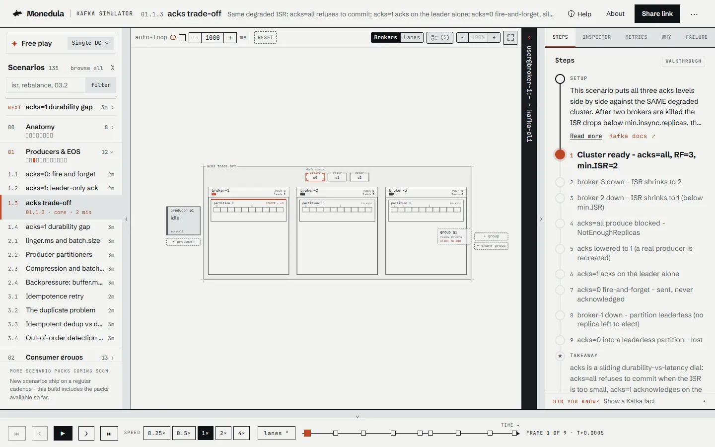 The playground on the acks trade-off scenario, with the Steps tab open
