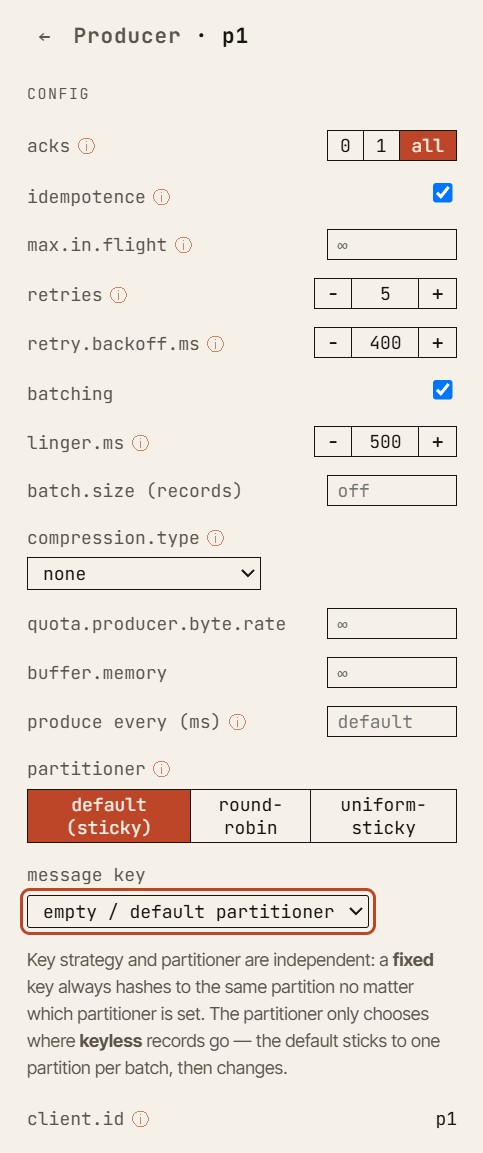 The producer Inspector panel: acks set to all, idempotence on, retries, retry backoff, linger.ms, compression and a partitioner selector.