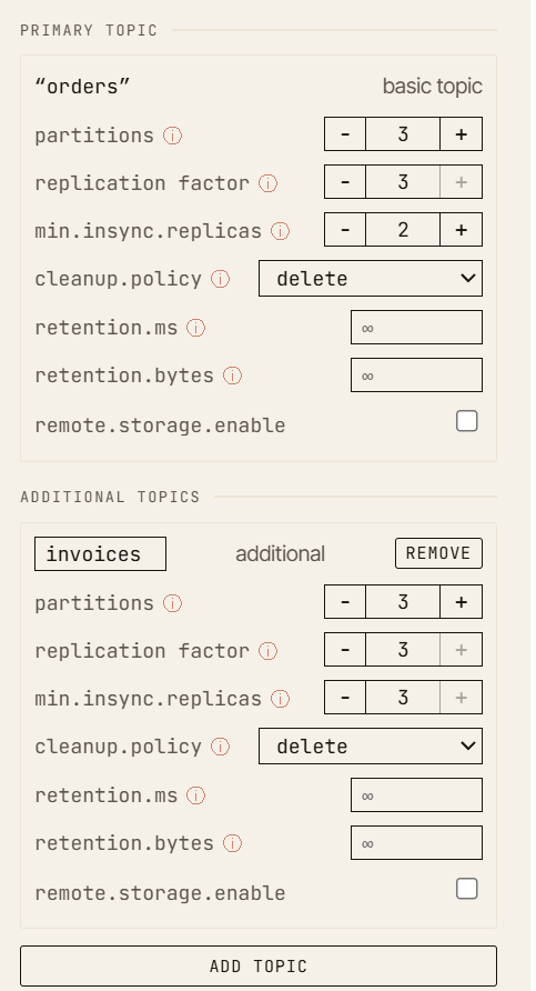 Topic configuration panel for a topic named orders, with partitions 3, replication factor 3 and min.insync.replicas 2.