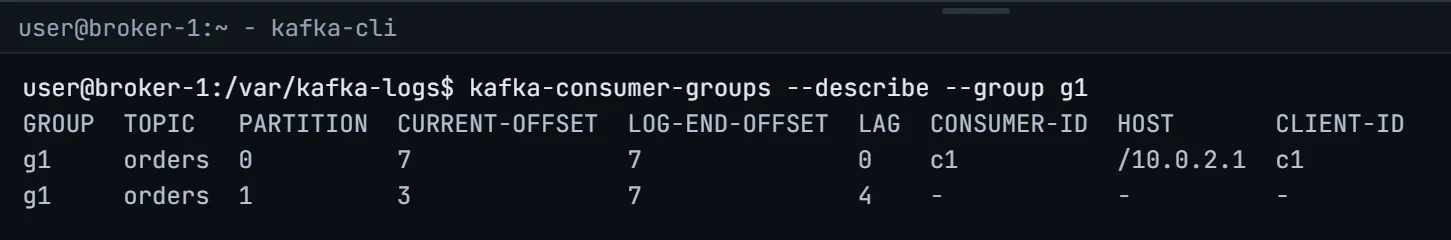 The terminal running kafka-consumer-groups --describe --group g1. Partition 0 has consumer c1 and LAG 0; partition 1 has no consumer, shown as a dash, and LAG 4.